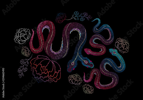 Traditional folk stylish stylish embroidery on the black background. Sketch for printing on clothing, fabric, bag, accessories and design. Vector, trend