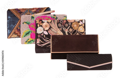 assortment of female handbags, show-window and fashionable clutchs,
