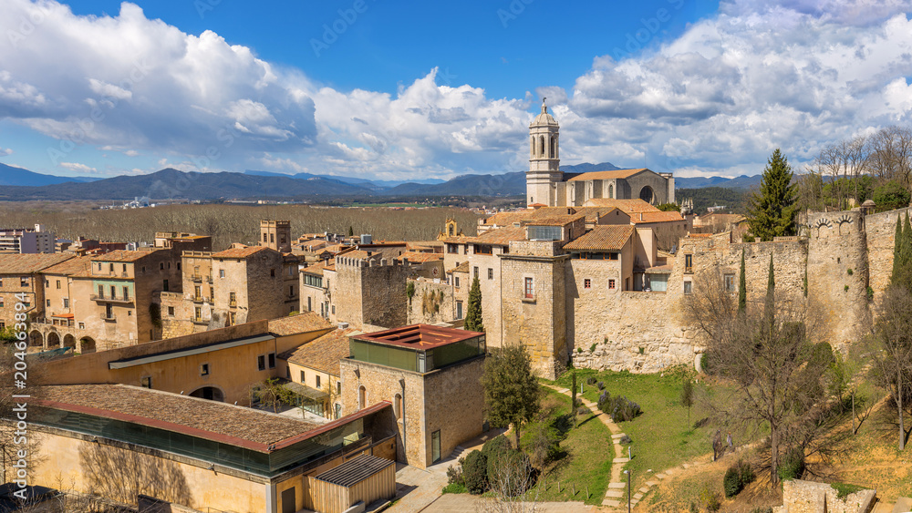 Panoramic aerial view of Girona and cathedral, Catalonia, Spain
