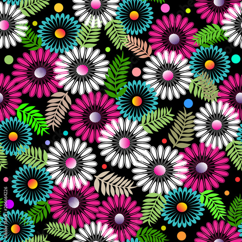 Abstract wildflowers seamless pattern. Vector ornamental floral background. Beautiful elegance flourish ornaments with bright flowers, green leaves, branches, colorful polka dots, circles.