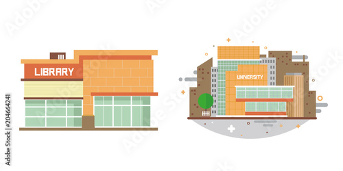 city buildings. fire station, hospital, police, café, university, library. flat design. vector