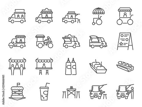 Food truck icon set. Included the icons as flea market, street food, hamburger, hotdog, trailer, business, merchant and more.