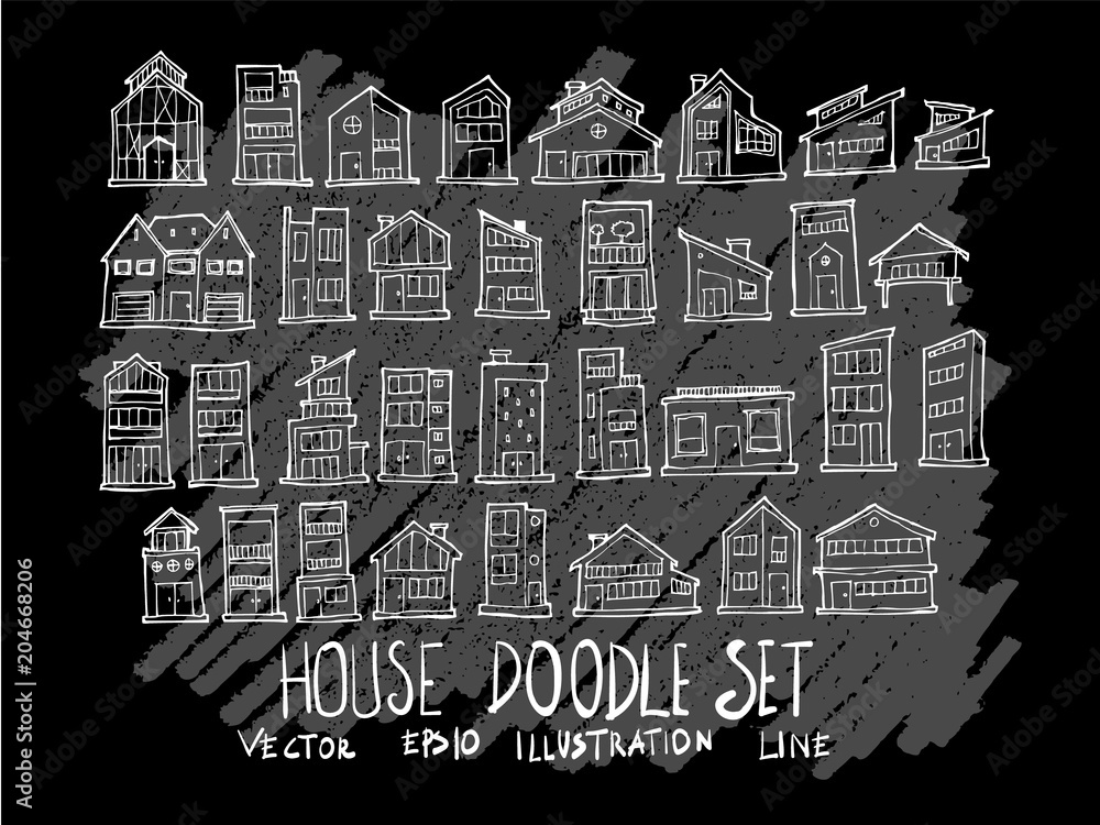 Hand drawn Sketch doodle vector line Building element icon set on Chalkboard eps10