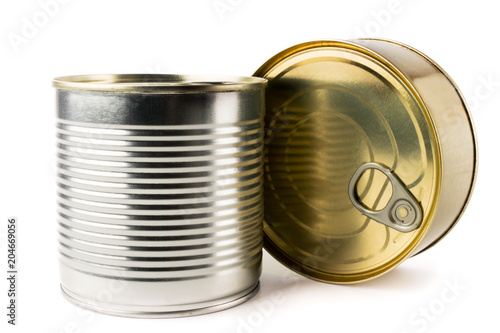 Two tin cans on a white background.