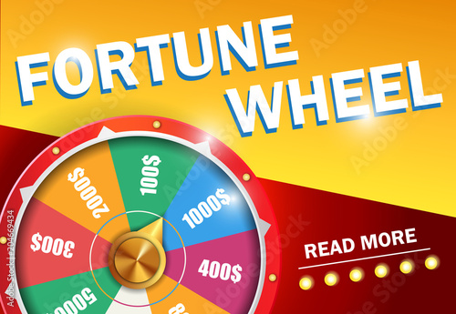 Fortune wheel read more lettering on red and yellow background. Casino business advertising design. For posters, banners, leaflets and brochures.