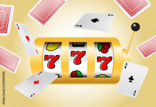 Lucky seven slot machine and flying aces on yellow background. Casino business advertising design. For posters, banners, leaflets and brochures.