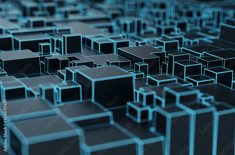 Fotografie Abstract 3D rendering of surface with random cubes and electronic shapes