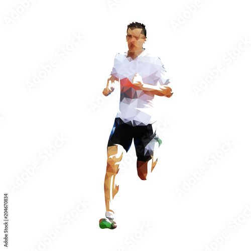 Polygonal running man. Low poly vector runner, front view. Colorful geometric isolated digital illustration