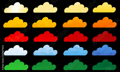 Set multicolor polygonal clouds icon. Abstract vector graphic illustration composed of triangles.