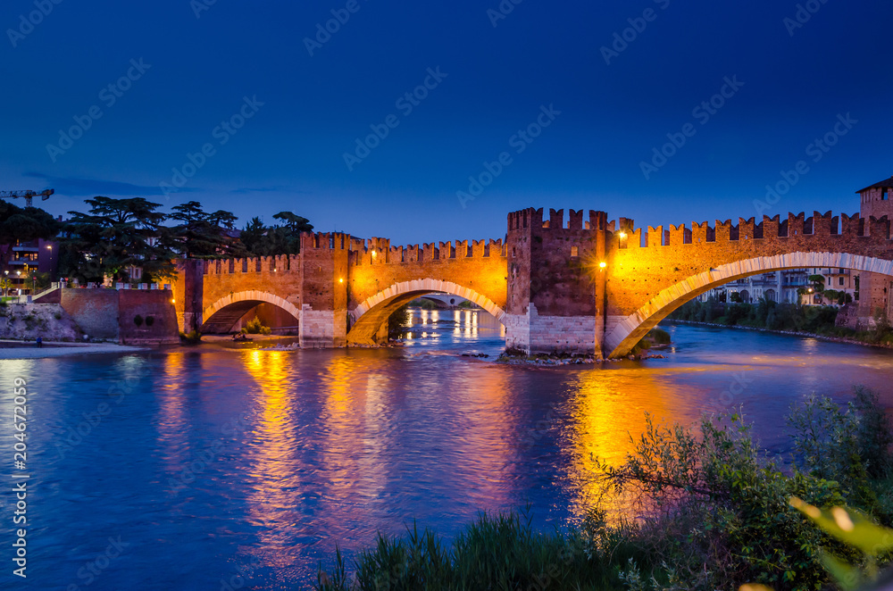 Bridge Ponte Scaligero at sunset in Verona, Veneto region, Italy.