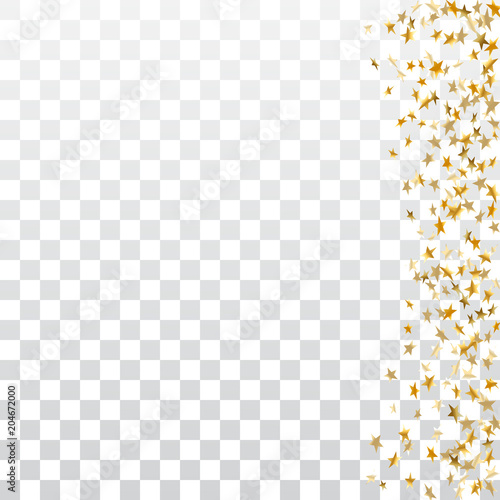Gold stars falling confetti frame isolated on transparent background. Golden abstract pattern Christmas, New Year holiday celebration, festive, party. Glitter explosion. Vector illustration