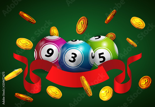 Lottery balls, flying golden coins and red ribbon. Gambling business advertising design. For posters, banners, leaflets and brochures.