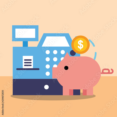 online shopping register cash piggy bank coin vector illustration