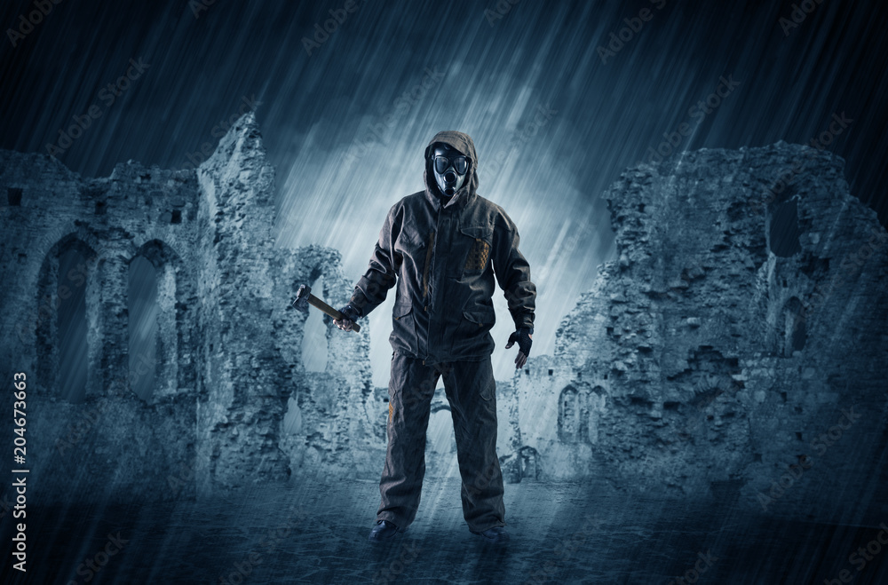 Hazard, menace man in a ruined crumbly building with arms on his hand
Hazard, menace man in a ruined crumbly building with arms on his hand