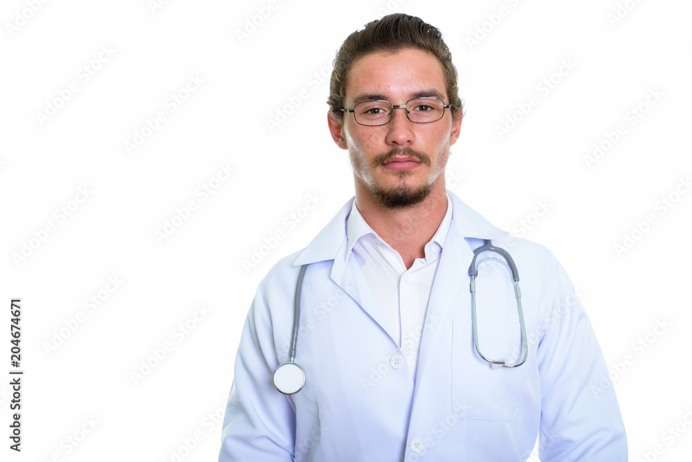 Close up of young handsome man doctor with eyeglasses isolated a Close up of young handsome man doctor with eyeglasses isolated a