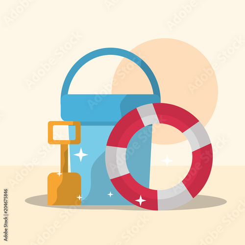 summer time beach bucket shovel and lifebuoy vector illustration