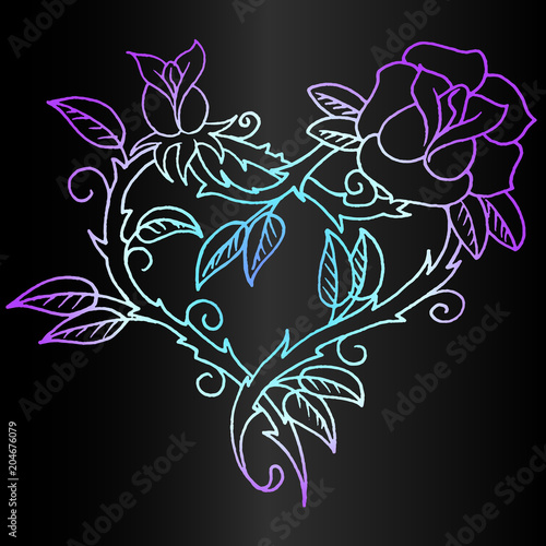 fashionable tattoo layout - heart and rose pattern, neon sketch on gradient b...