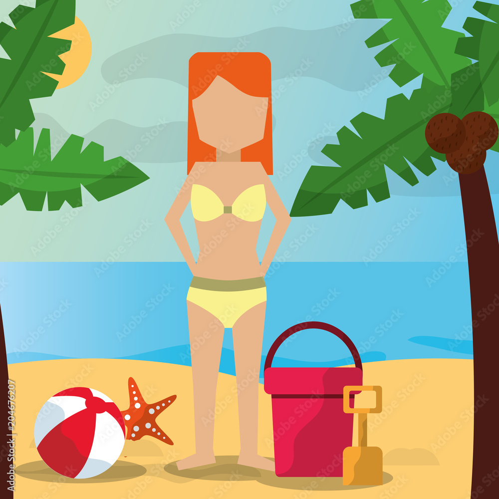 summer time beach woman in beach palm ball bucket sea vector illustration