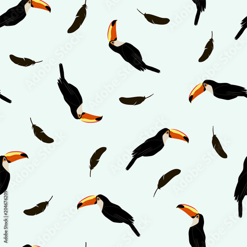 Tropical bird seamless pattern with toucans and black feathers. Vector.