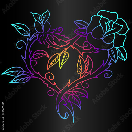 Neon rainbow sketch of a heart with a rose on a gradient background. Stylish ...
