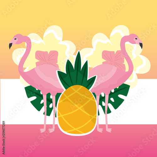 summer time pink couple flamingo and tropical pineapple vector illustration