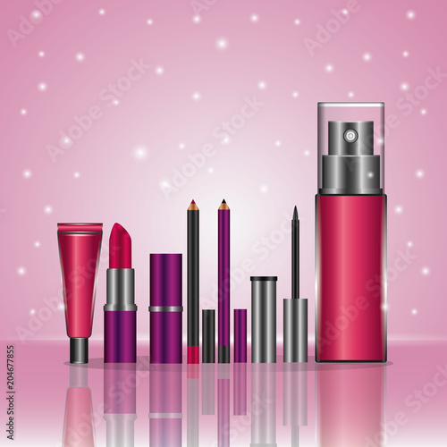 cosmetic makeup products fashion set pink blur lights background vector illustration