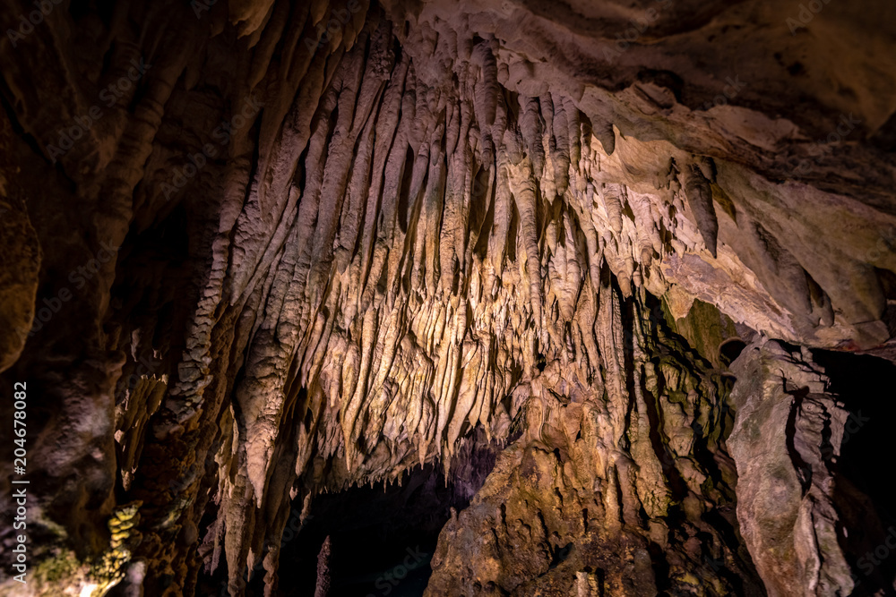 Obraz premium Millions Years Old mineral formation on a cave ceiling known as Stalactites