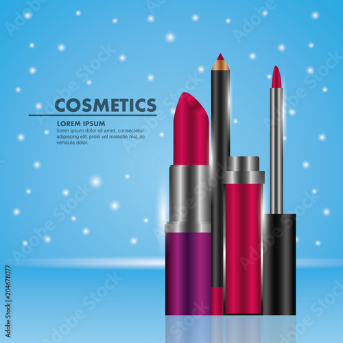 cosmetics makeup lipstick gloss and eyeliner dotted blue background vector illustration