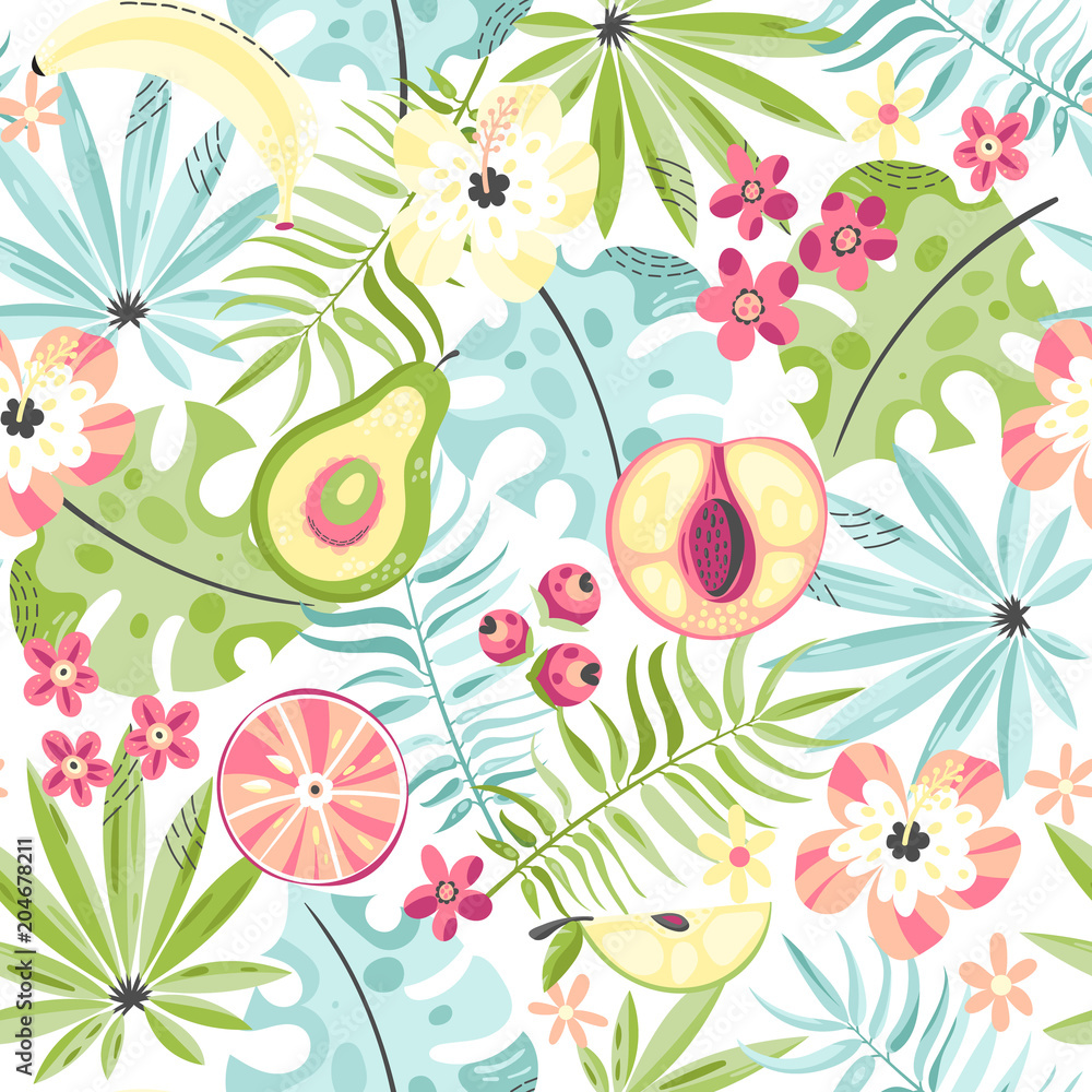 Naklejka Bezszwowy wzór z owoc i kwiatami