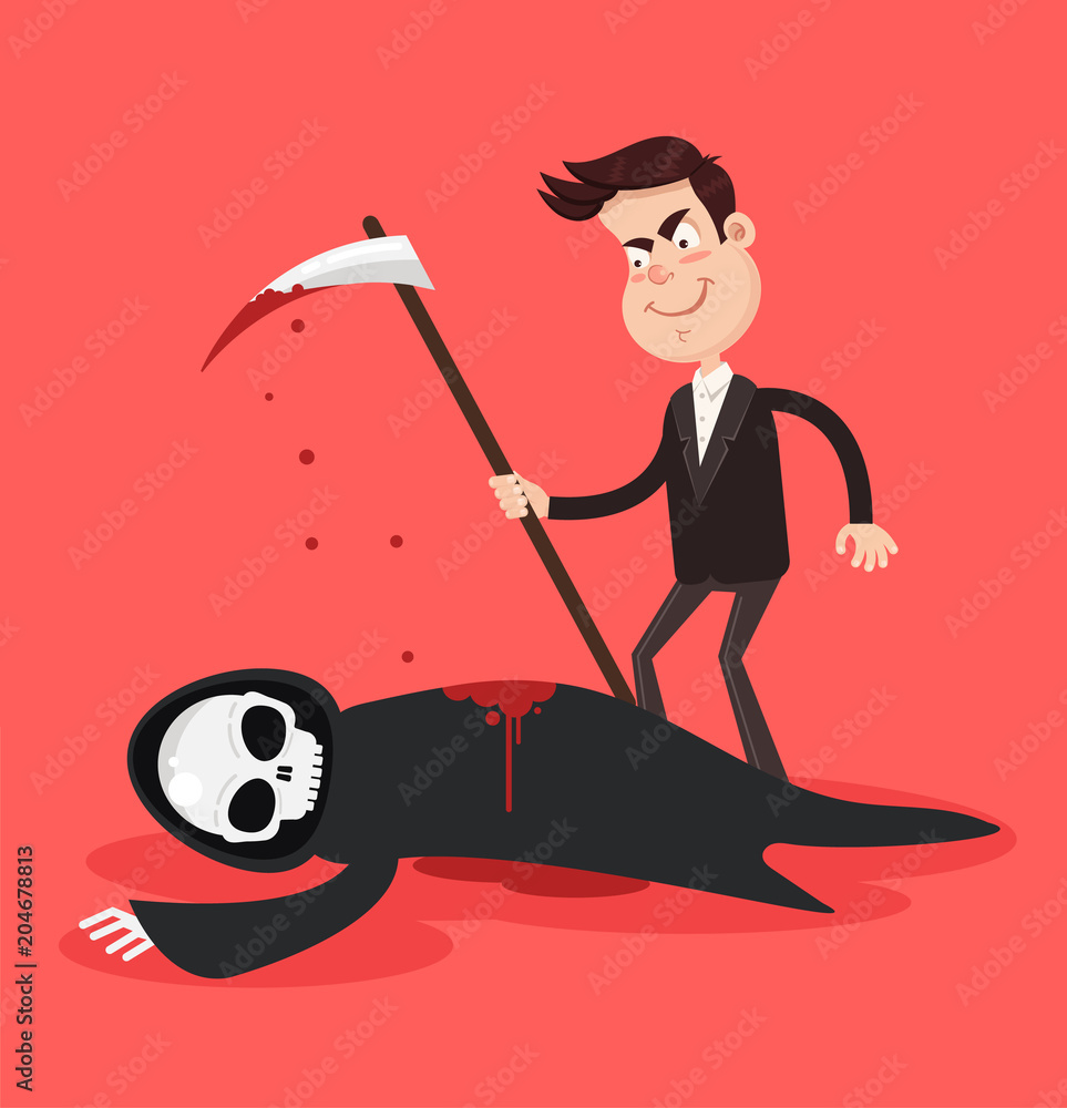 Man and death characters fight and human person win killing reaper.  Struggle for life and victory over death concept. Vector flat cartoon  isolated graphic design illustration Stock Vector | Adobe Stock