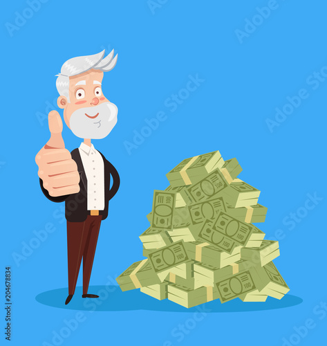 Happy smiling old man grandfather character standing near big pile heap of money dollars currency. Good pension retirement service savings. Vector flat cartoon isolated graphic design illustration