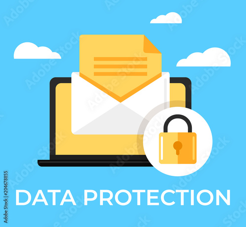 Laptop with envelop online email text under protection red shield lock. Data protection secure privacy information access icon concept. Vector flat cartoon isolated graphic design illustration