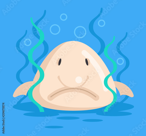 Sad unhappy cute blob fish character under water sea bottom. Underwater life. Vector flat cartoon isolated graphic design illustration