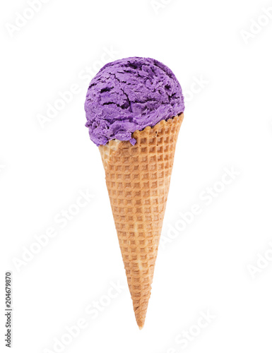Blueberry ice cream with cone isolated on white background