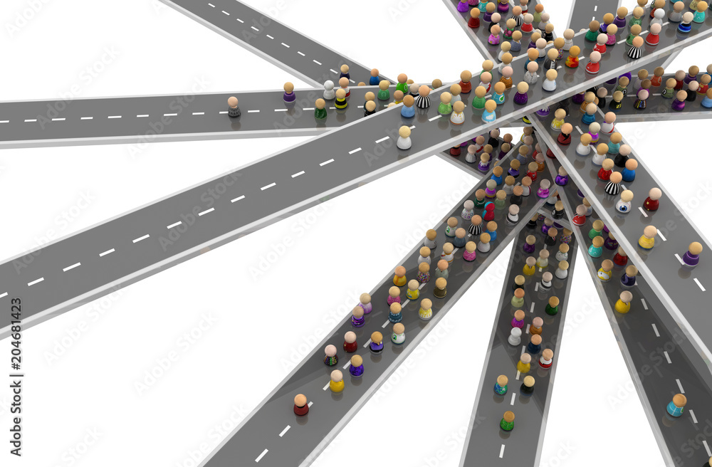 Fototapeta premium Cartoon Crowd, Road Levels Crossing