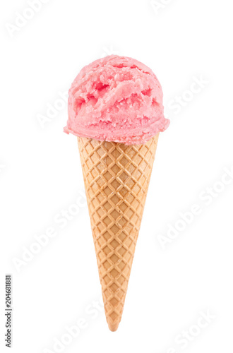 Strawberry ice cream scoop with cone isolated on white background