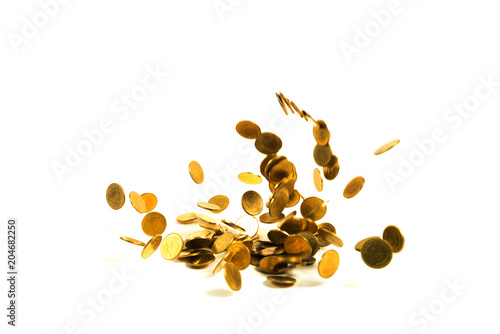 Falling gold coins money isolated on the white background, business money and finance concept.