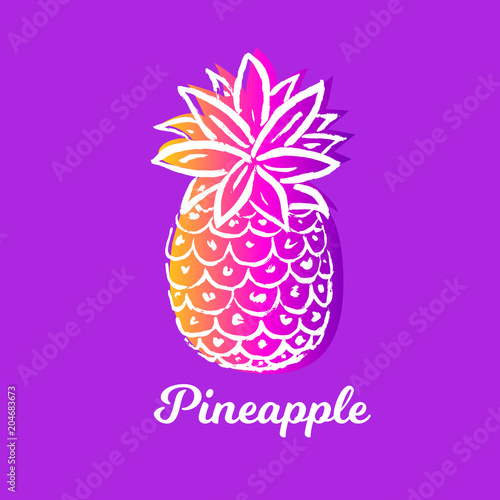 Vector Illustration. Summer pineapple. Tropical decorative fruit on purple background. Hand draw paint ananas with Pineapple