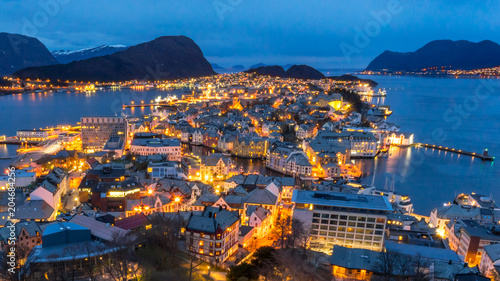 View of Alesund from Mount Aksla at night