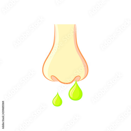 Snot nose. Green slime dropping from nostril. Vector illustration.