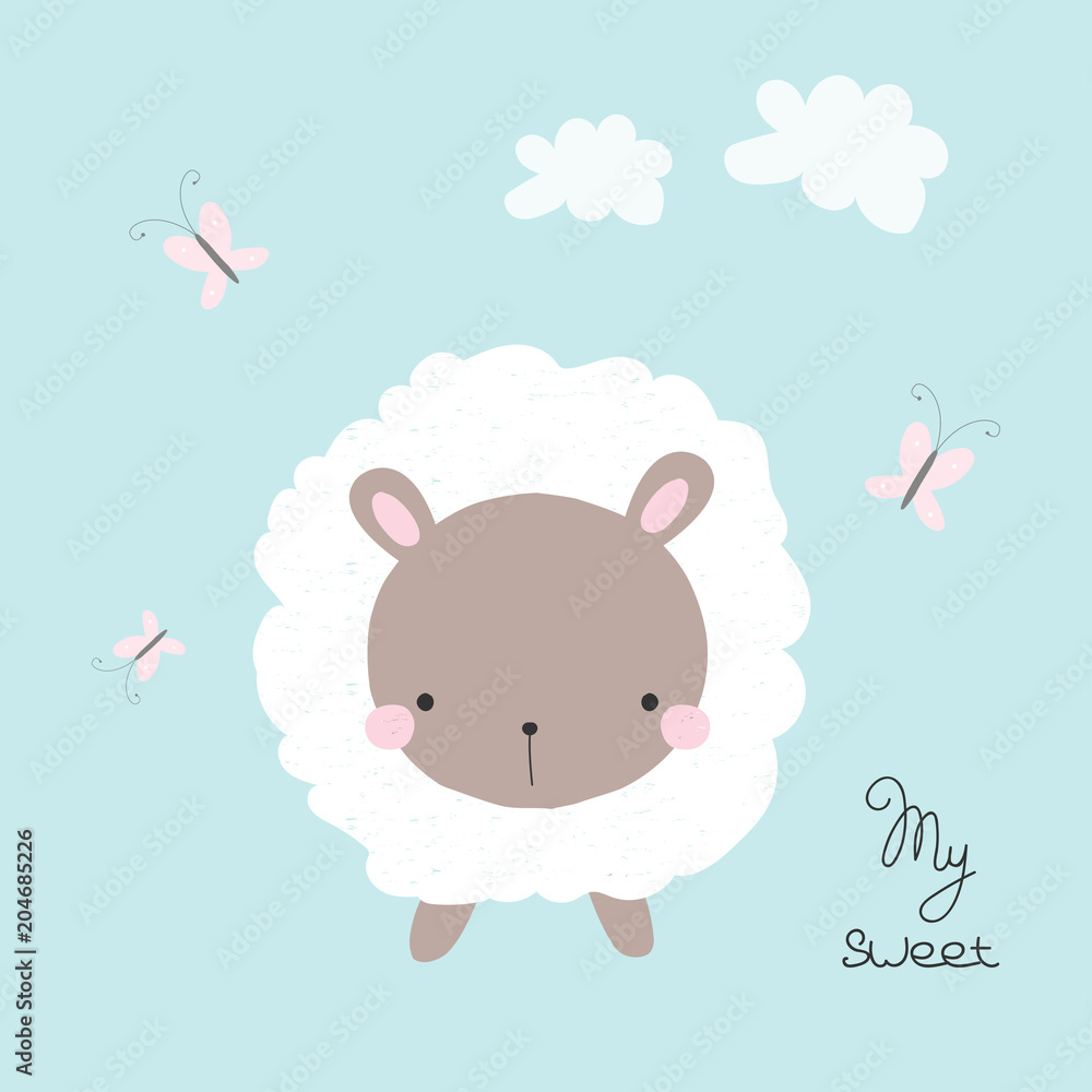 Cute white sheep with butterfly. Kids graphic. Vector hand drawn illustration.
