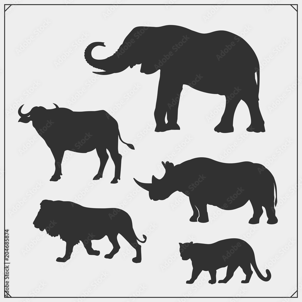 Set of Big Five animals silhouettes. Lion, elephant, rhino, leopard and buffalo. Set of Big Five animals silhouettes. Lion, elephant, rhino, leopard and buffalo.