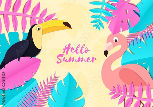 Tropical paradise paper background with leaves and exotic birds. Flamingo and toucan look out over the thickets of the jungle. Vector card illustration in paper art style. Blue and pink leaves.