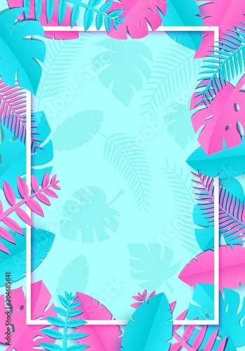 Summer Tropical palm leaves, plants in trandy paper cut style. White vertical rectangular frame on exotic blue pink leaves on pink background Hawaiian summer time. Vector card illustration