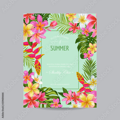 Blooming Summer Floral Frame, Poster, Banner. Tropical Flowers Card for Invitation, Greetings, Wedding, Baby Shower. Vector illustration