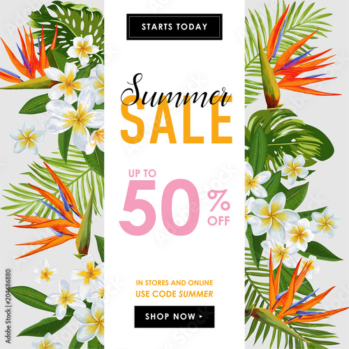 Summer Sale Tropical Banner. Seasonal Promotion with Exotic Flowers and Palm Leaves. Floral Discount Template Design for Poster, Flyer, Gift Certificate. Vector illustration