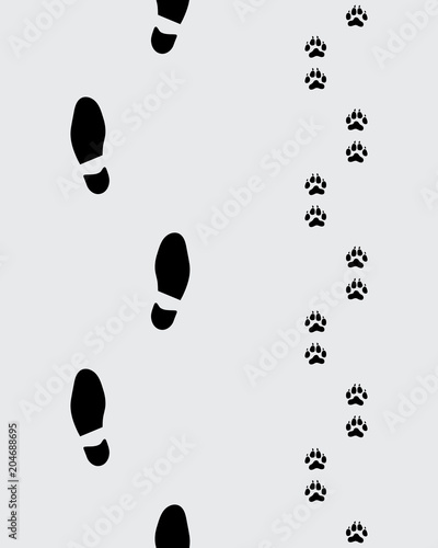 Footprints of man and dog on a gray background, Seamless illustration