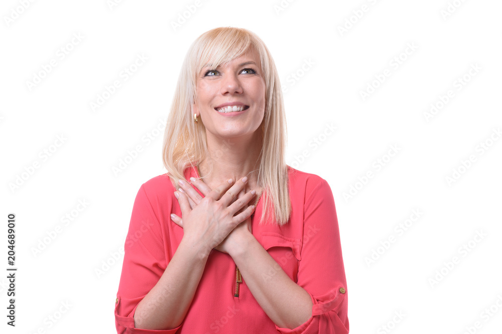 Young woman showing her heartfelt gratitude Young woman showing her heartfelt gratitude