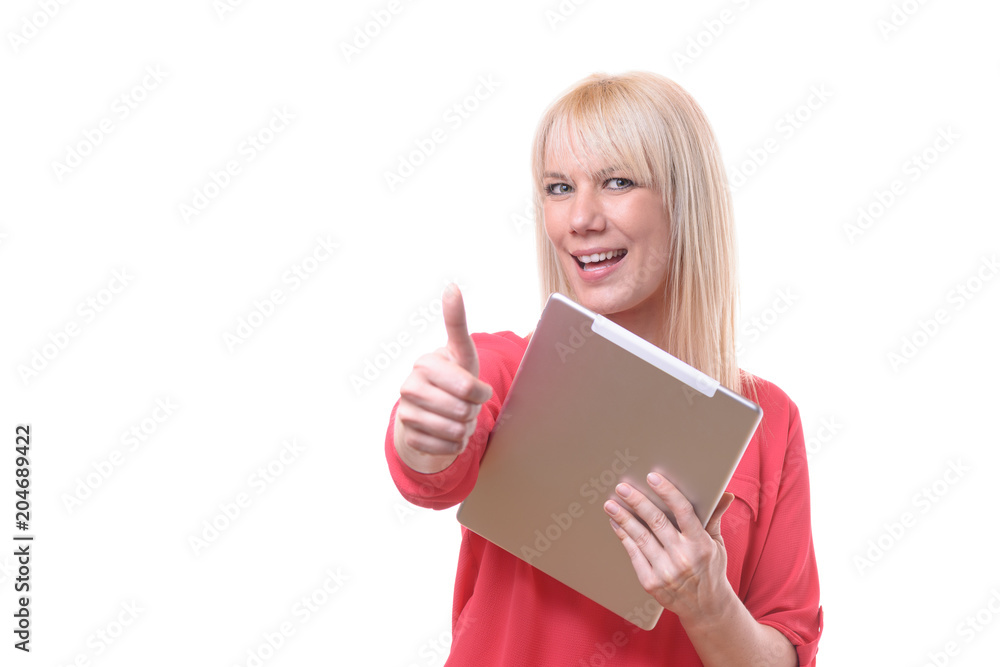 Jubilant young woman giving a thumbs up