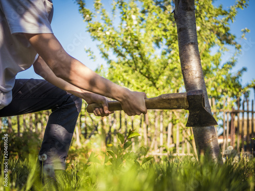 close up shot of the axe in the hand of man working in the garden